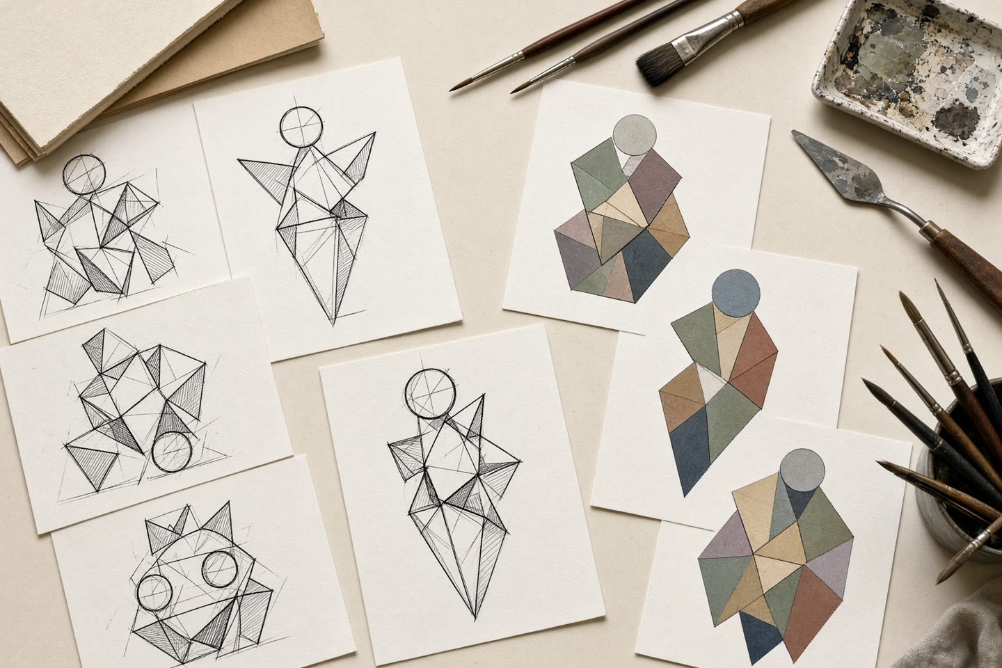 Ink line art and flat colour sheets on a studio desk