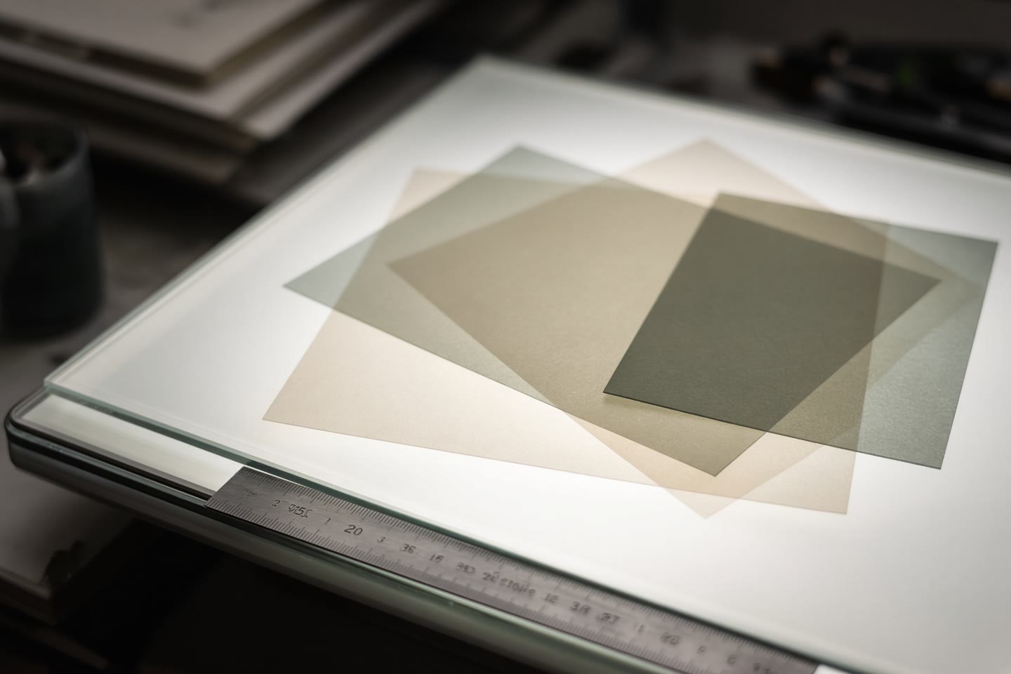 Acetate print layers on a light table